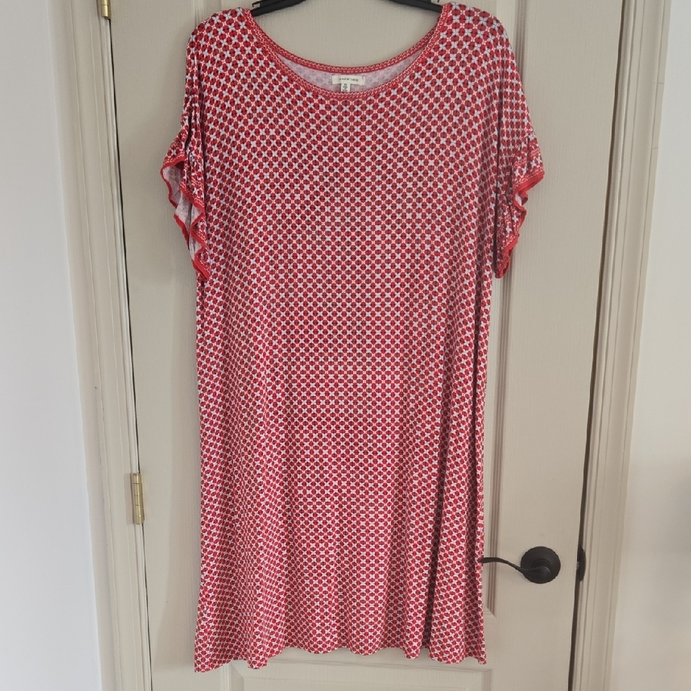 Max Studio RED, White, Blue Midi Dress with Crew Neck and Short Sleeves